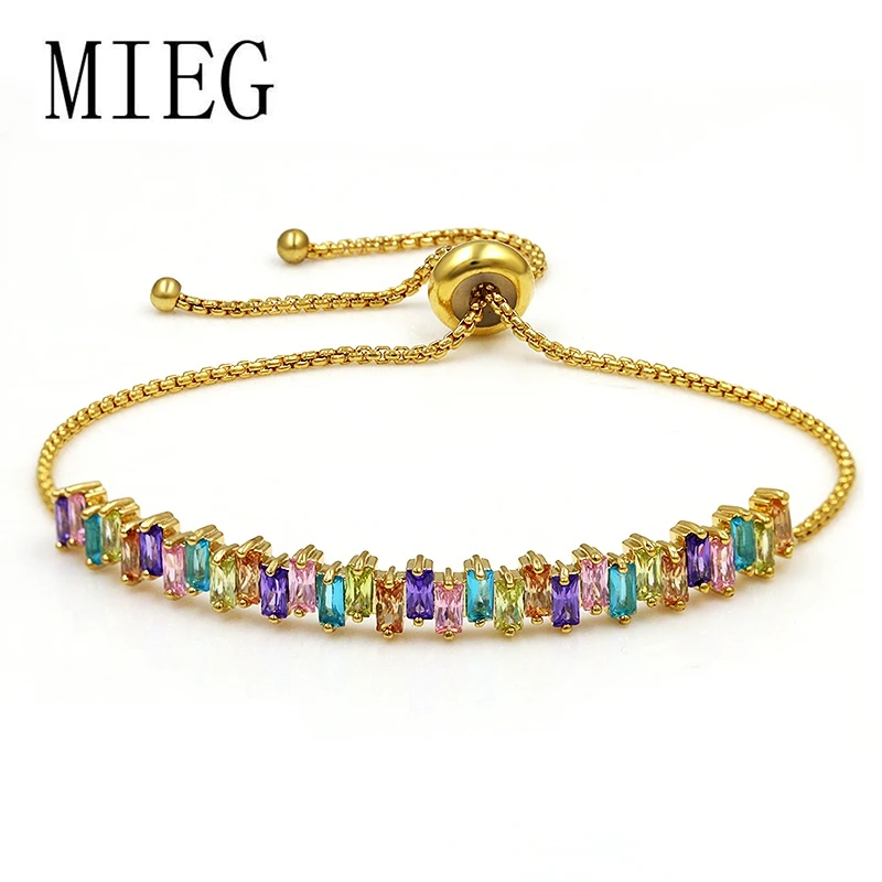 MIEG Радужный цвет сверкающий Принцесса Cut Нерегулярные CZ циркония Кристалл Регулируемые браслеты для женщин невесты или подружки невесты