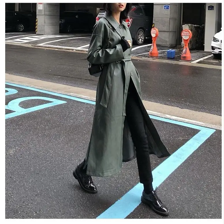 Olive green Весеннее и осеннее пальто, новая женская куртка из искусственной кожи, одежда с поясом и карманами, однобортное, с длинным рукавом, тонкие пояса на талии - Цвет: Olive green