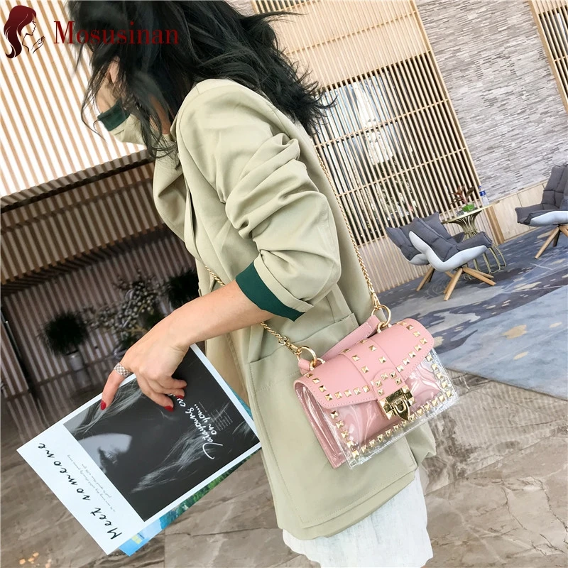 Женская прозрачная сумка, брендовая модная сумка с заклепками, сумка через плечо на цепочке, сумка через плечо, ПВХ, женские ручные сумки, мини сумка-мессенджер