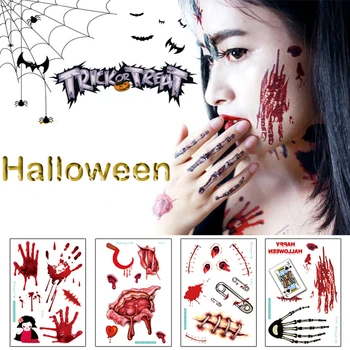 

Halloween tattoo sticker blood finger holes black cat spider scar pattern waterproof Atmospheric party body tattoo sticker RA034