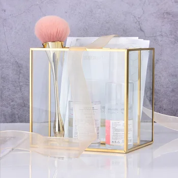 

Golden Cosmetic Storage Box Table Desktop Finishing Glass Plaid Jewelry Classification Storage Tray Vase Large-Capacity Dressing