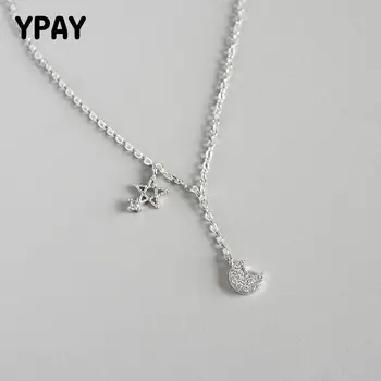 

YPAY Korea Real 925 Sterling Silver Moon Star Necklaces & Pendants Chain Choker Necklaces Fine Party Jewelry Collar YMN035
