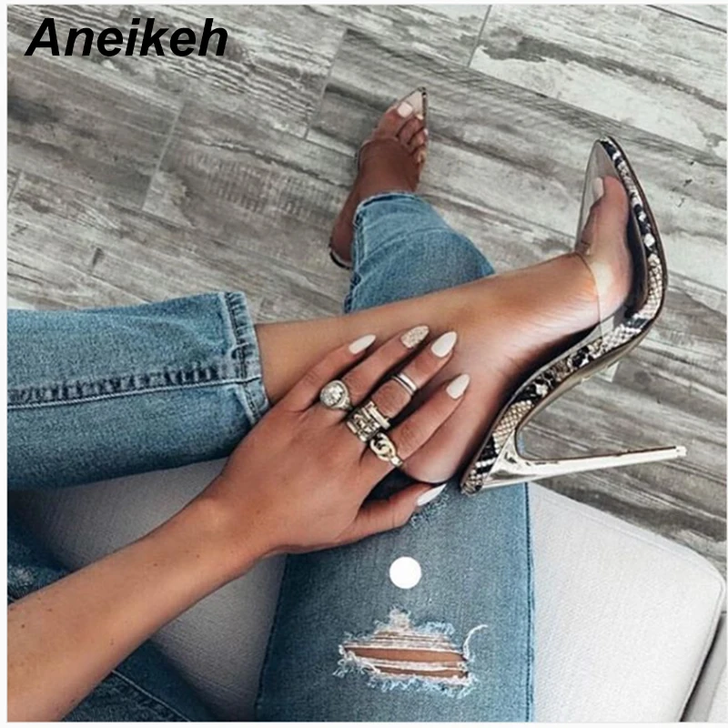 

Aneikeh Fashion Serpentine PVC Women High Heels Sandals Summer Pointed end Thin Heel Shoes Ladies Sexy Party Slip On Pumps Shoes