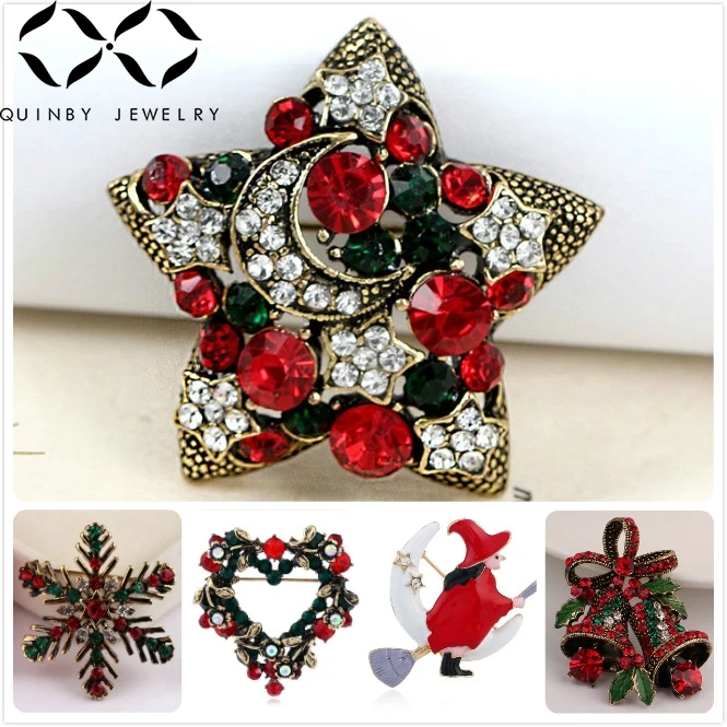 

Christmas Crystal Brooches For Women Gift XMAS Jingle Bells Snowflake Brooch Pin Rhinestone Leaf Star Girl Metal Broches Q5