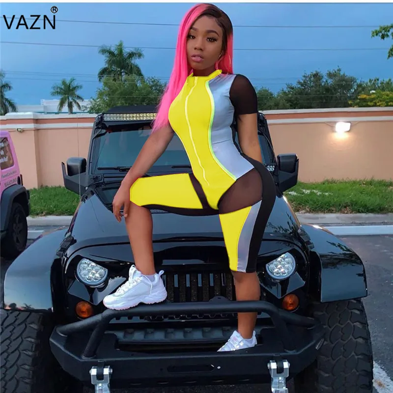VAZN Summer Hot Casual Fashion Women Zipper Short Sleeve Playsuits Casual Elasticity Tracksuits Regular Playsuits HMS5229