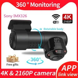 Caméra de tableau de bord DVR pour voiture, enregistreur vidéo avec WiFi, 4K 2160P HD, Panorama à 360 °, Sony IMX326, double objectif, surveillance de stationnement 24H 
