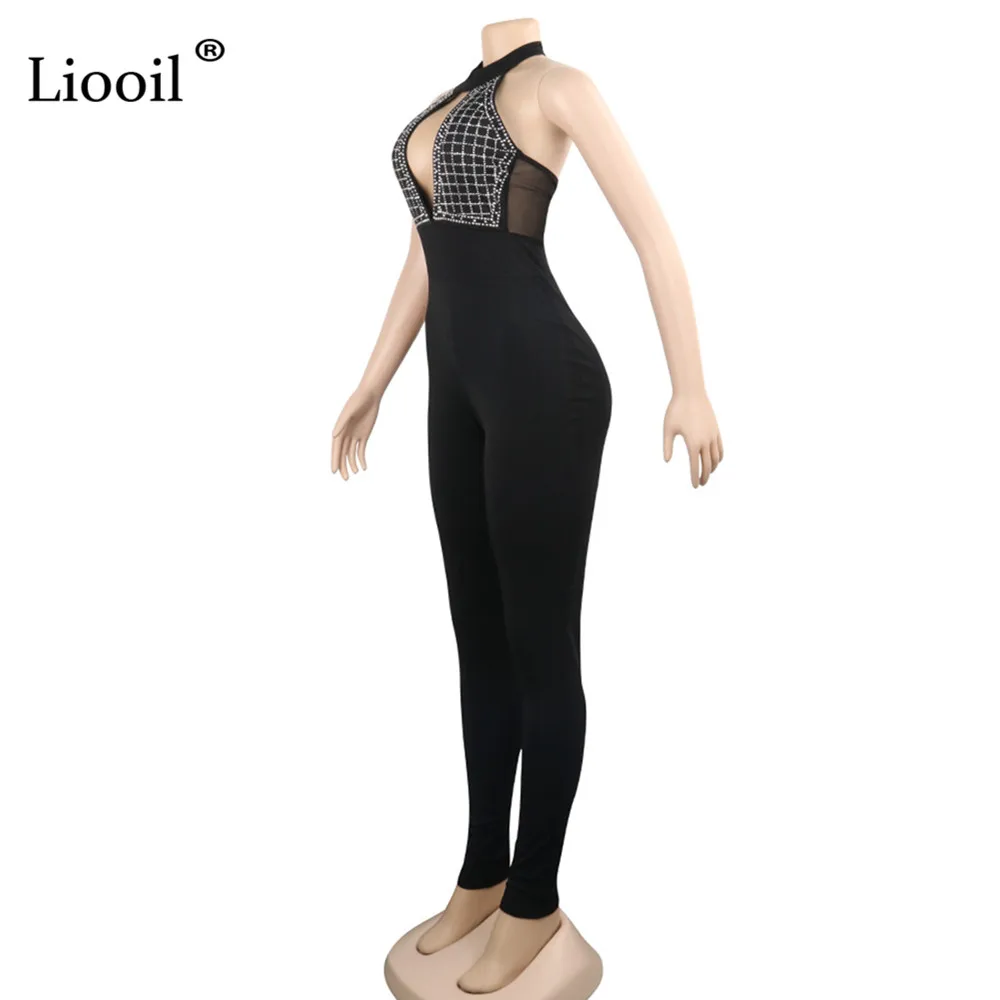 Liooil, цельный сексуальный комбинезон, стразы, облегающий, женский, без рукавов, с открытой спиной, открытые, вечерние, Клубные, облегающие комбинезоны, женский комбинезон