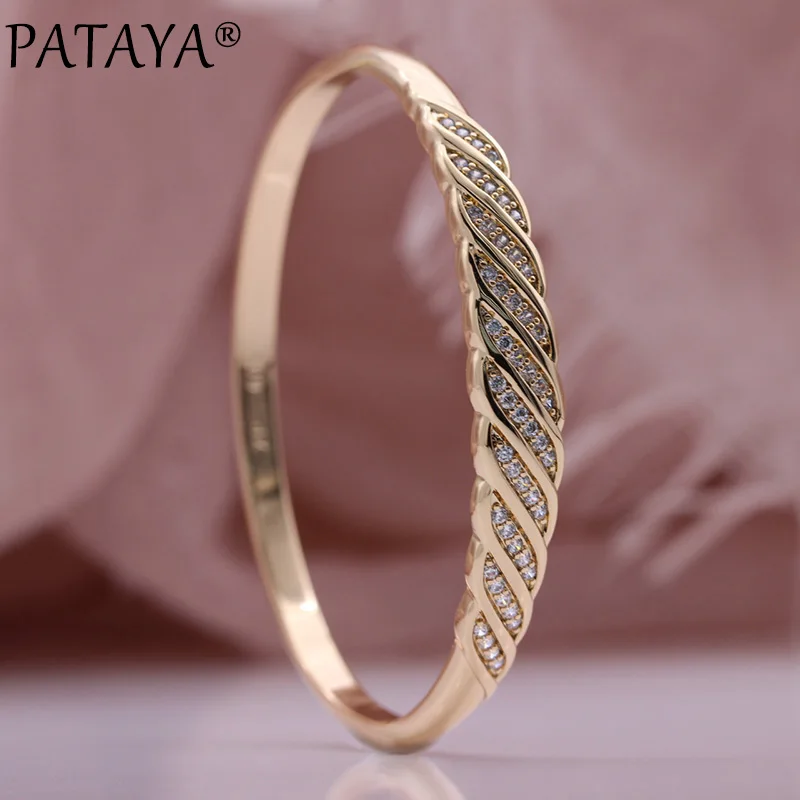 

PATAYA New Arrivals Hollow Flower Bangles Women Fine Bangle 585 Rose Gold Color Natural Zircon White Unique Leaf Fashion Jewelry