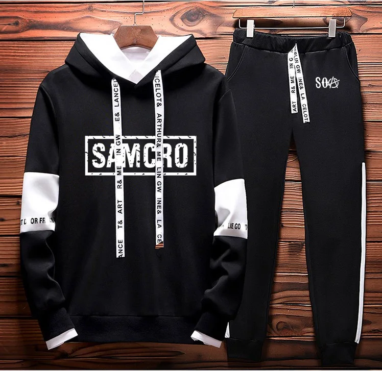 SOA Sons of anarchi/Детские модные толстовки с принтом «SAMCRO» для мужчин; толстовка в стиле хип-хоп; мужские толстовки с капюшоном и штаны; костюм из 2 предметов; спортивная одежда