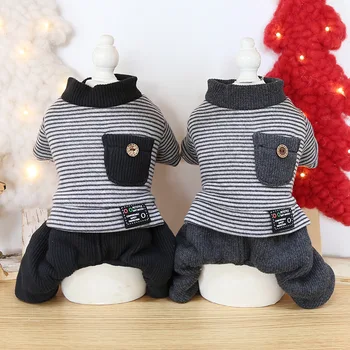 

Costume Chien Dog Jumpsuit for Autumn and Winter Casual Striped Pet Overalls with Pocket Four-legged Pet Clothing for Winter Dog