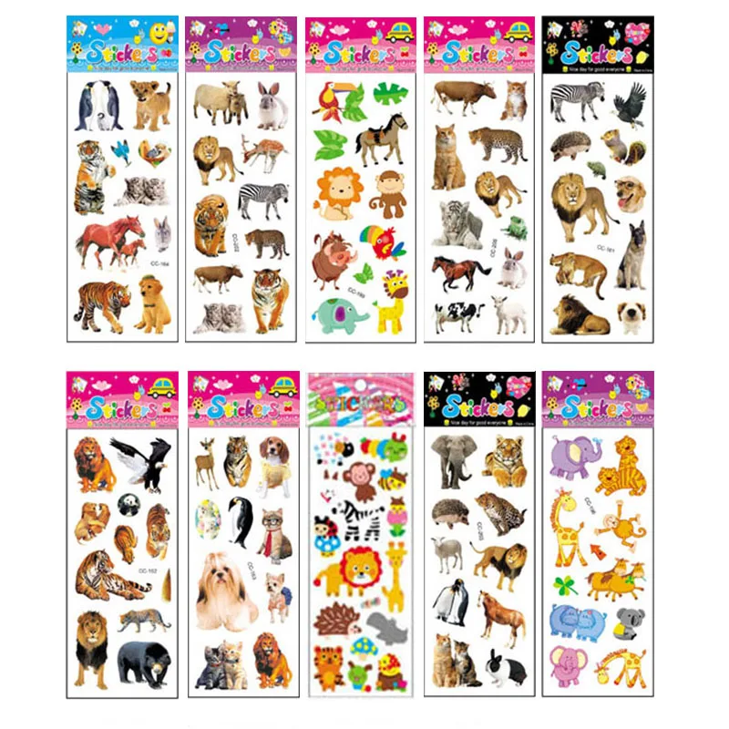 Pegatinas con dibujos animados en 3D para niños, 10 hojas diferentes, divertido para juguete álbum de recortes, teléfono, portátil, regalos, animales, tigre