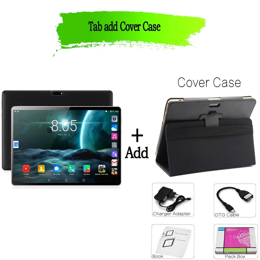 Add Cover Case Планшетный ПК 10 дюймов Octa Core 3g Телефонный звонок Google Рынок gps, Wi-Fi, FM, Bluetooth 10,1 Планшеты 4G+ 64G Android 7,0 tab - Комплект: Add Cover Case