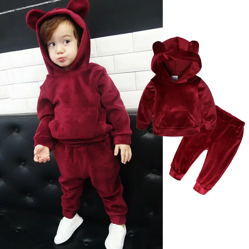 

2pcs Toddler Kid Boy Girl Winter Clothes Velvet Hooded Tops+Trousers Outfits Set