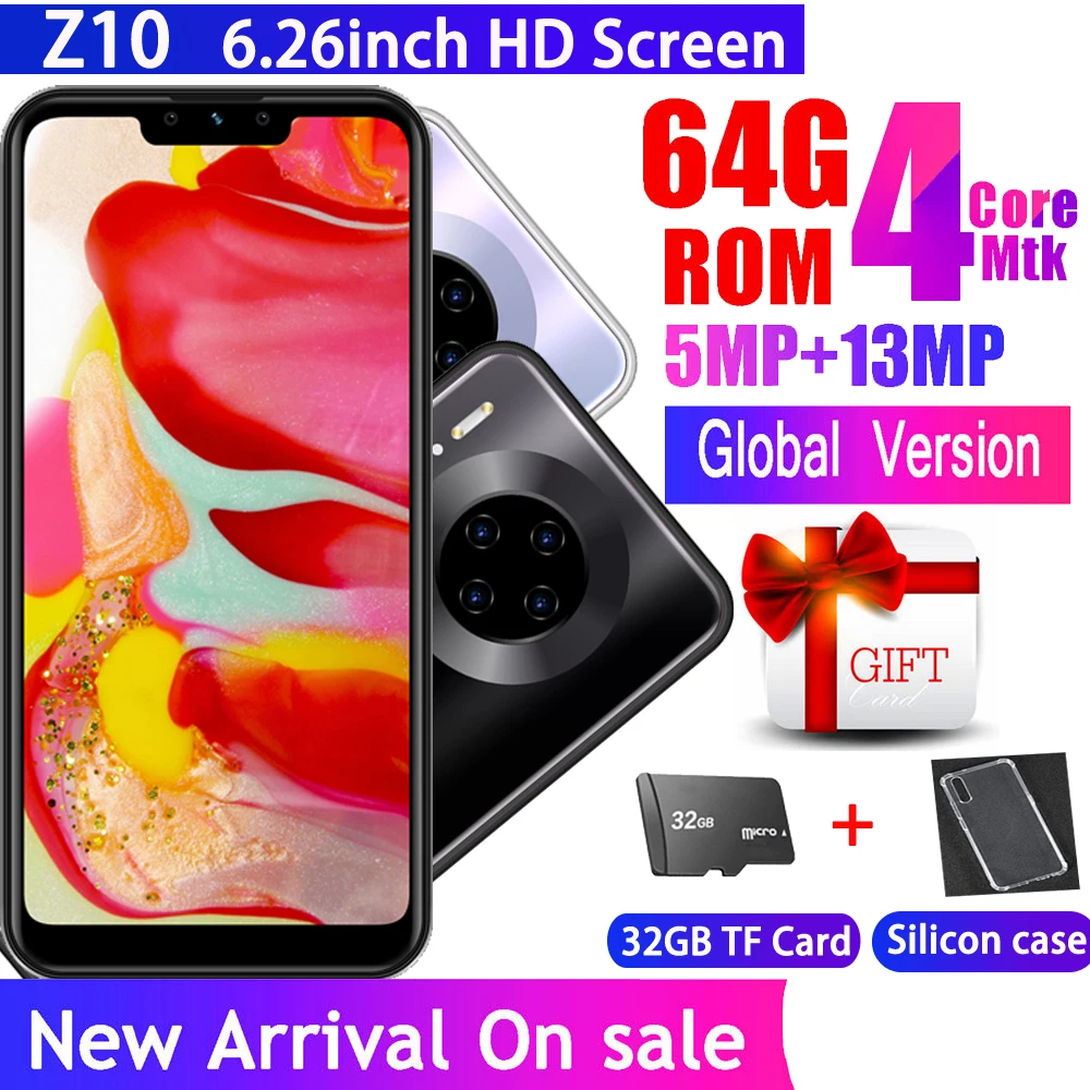 

Z10 4G RAM 64G ROM 6.26inch MTK6580 quad core Mobile phones android celulares 13MP 19:9 HD screen Face ID Smartphones New