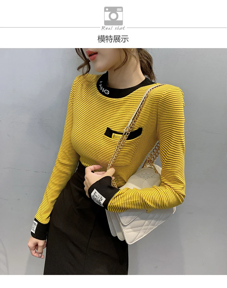 Осенне-зимняя женская футболка в полоску с вышитыми буквами, эластичные плотные топы, флисовая футболка с длинным рукавом, T9N395