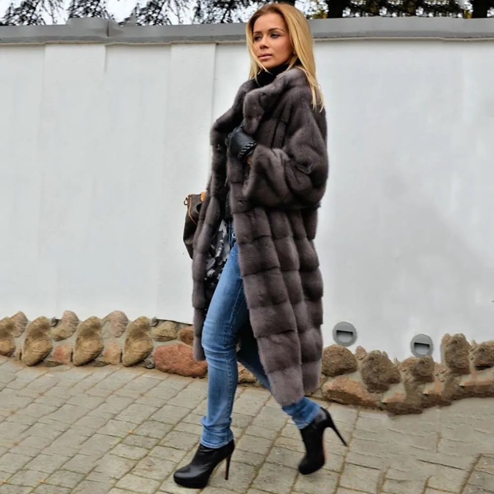 TOPFUR модное женское пальто из натурального меха, темно-серое пальто, зимняя одежда с длинными рукавами, длинная шуба из натуральной норки с меховым воротником