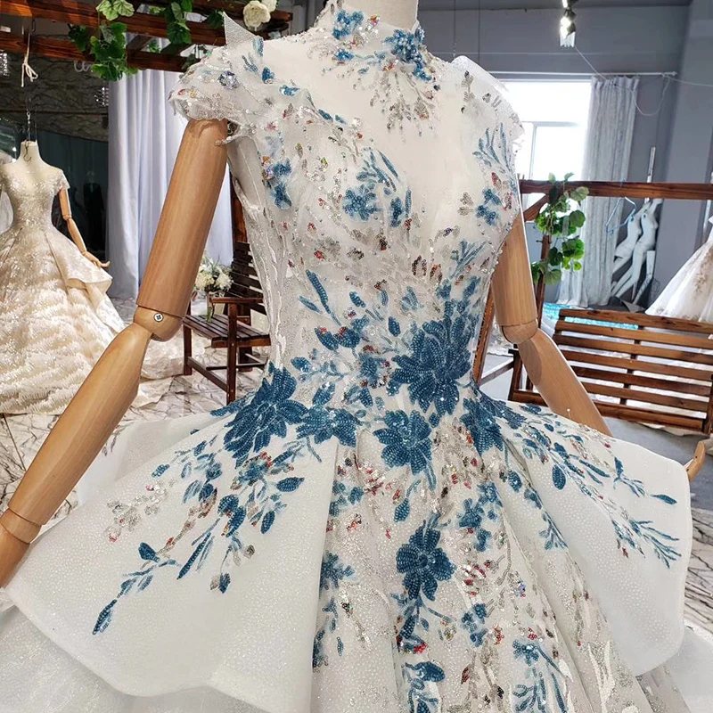 HTL792 wedding dresses with blue flowers ball gown skirt pattern high neck wedding gowns for bride будуарное платье кружевное 4