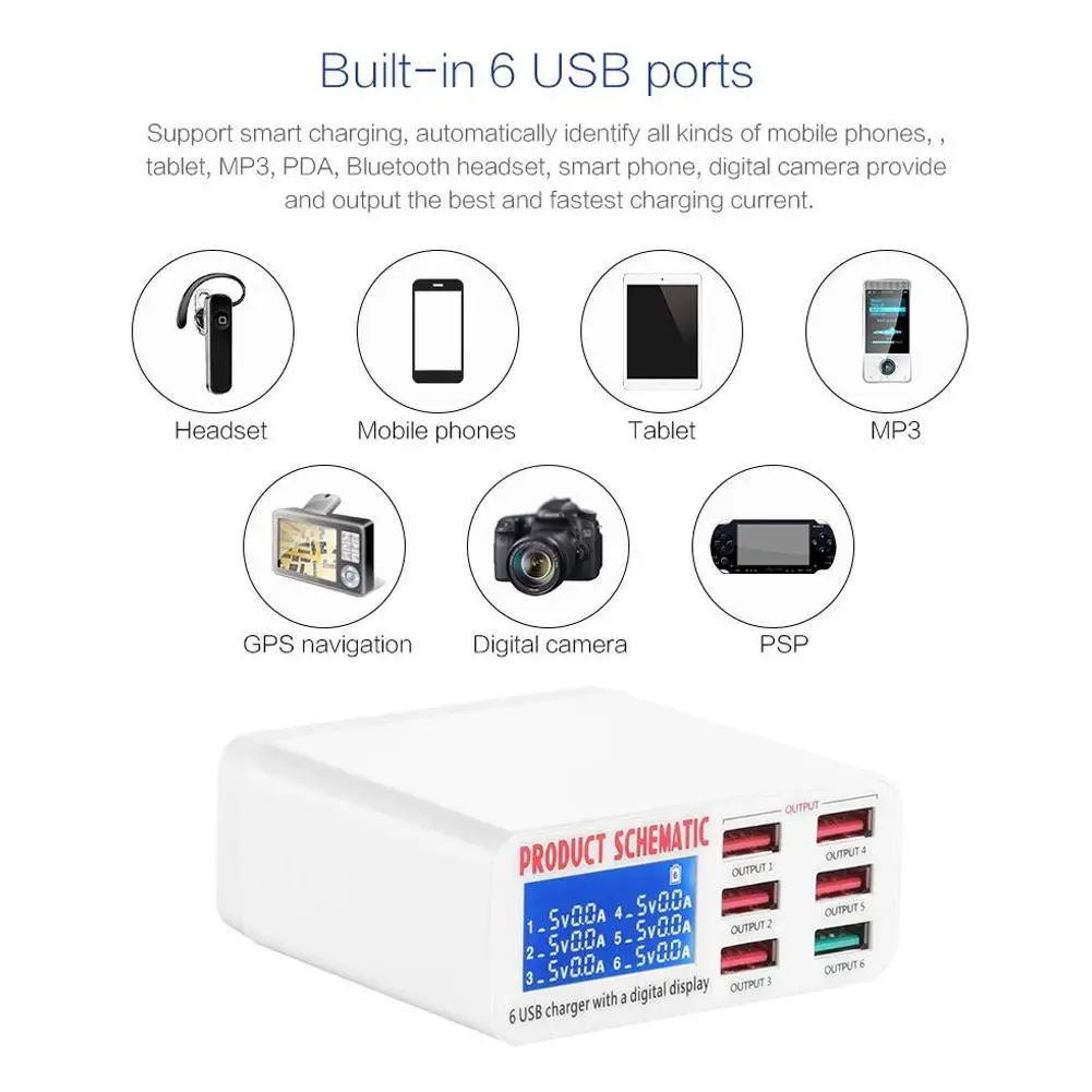 USB 3,0 Зарядка 6 портов 6A QC3.0 Смарт USB зарядное устройство адаптер концентратор многопортовый usb-хаб Зарядное устройство Док-станция с ЖК-дисплеем автоматическое определение