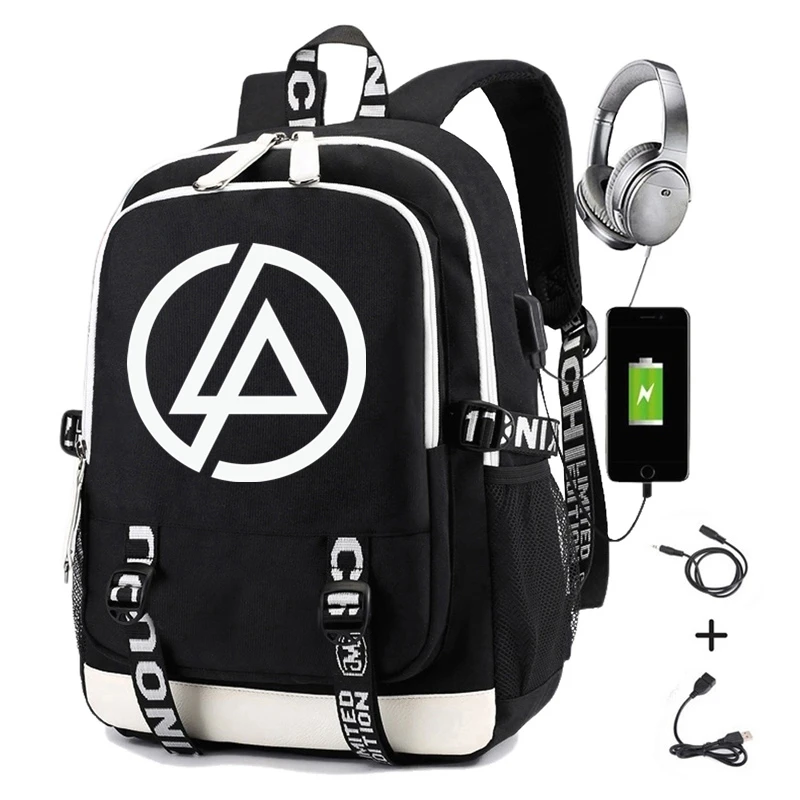 Black 02 Рок группа Linkin Park рюкзак для мужчин трав холст печати мальчиков девочек школьные сумки женщин ноутбук рюкзак с Usb зарядка - Цвет: Black 02