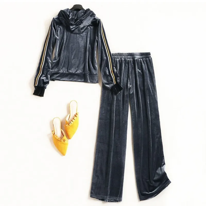 

Gold Velvet Tracksuit For Women Autumn High Street Pullover Sweatshirt Loose High Waist Trousers Striped 2 Piece Set Women New