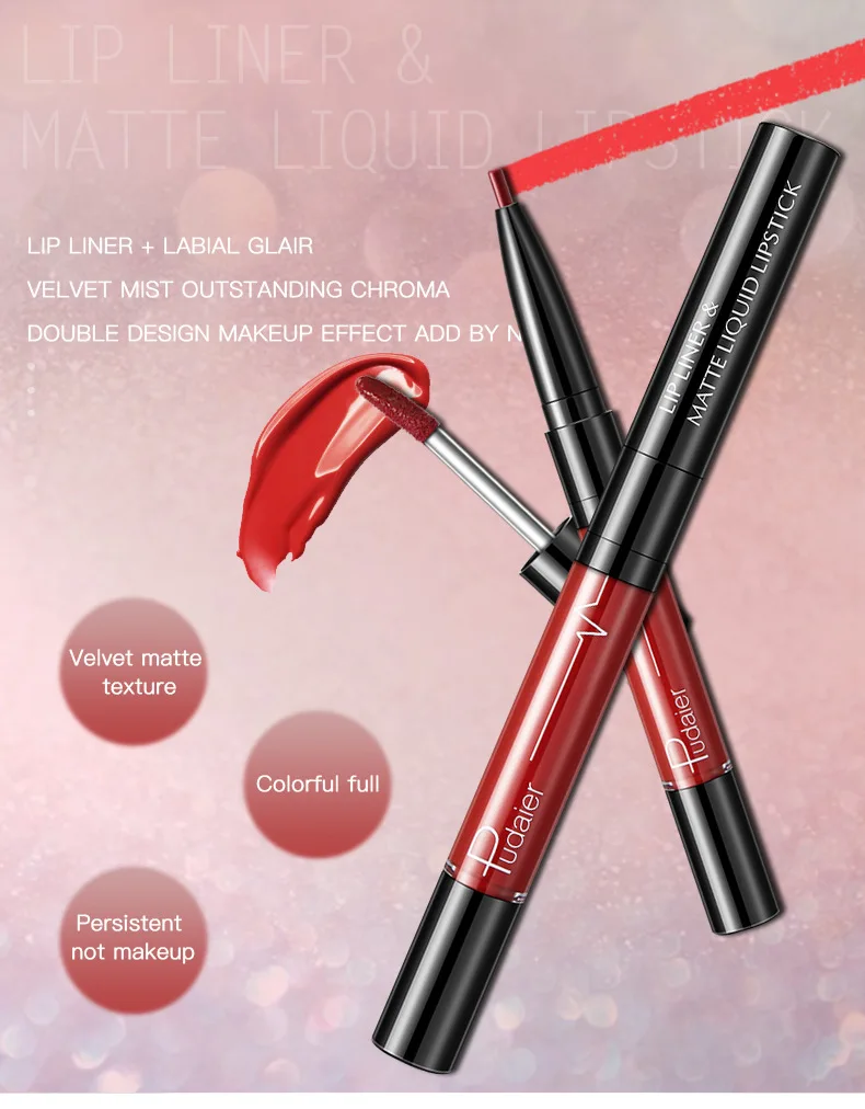 

Pudaier Nude Make Up Double Head Velvet Matte Liquid Lipstick Lips Liner Gloss Long Lasting Professional Lips Makeup Maquiagem
