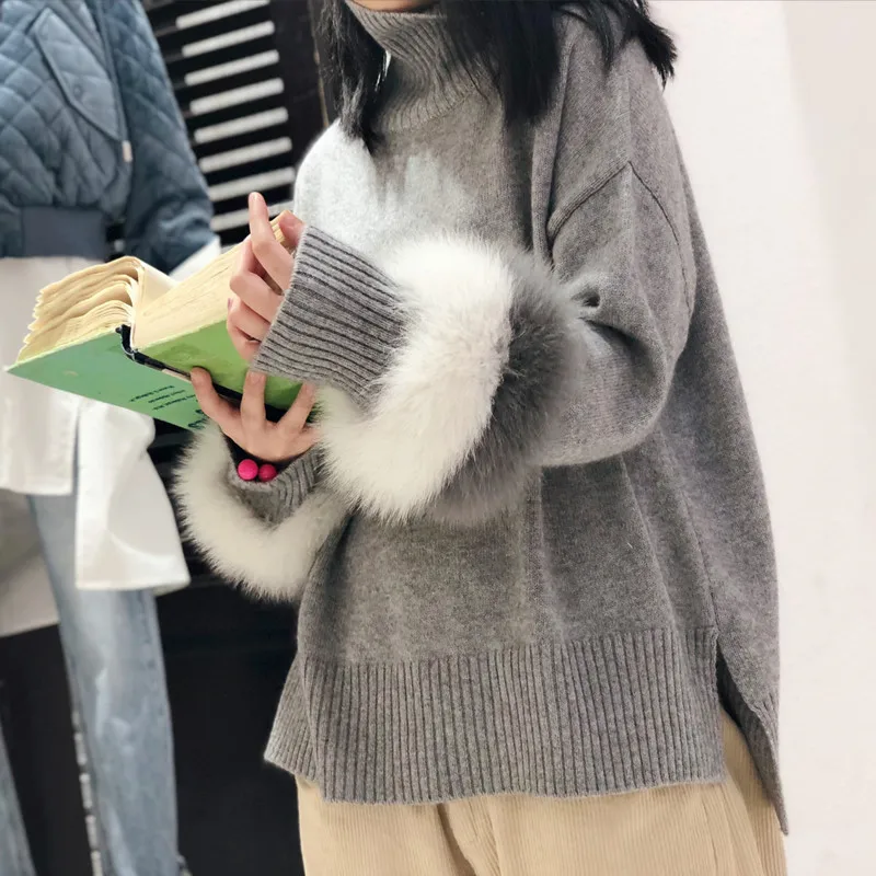 

High Quality Pullover Women's Jumper Patchwork Real rabbit fur Sweater Female Jumper Women Loose Sweaters thick Winter Knitted Oversize Sweater Outwear