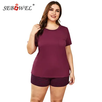 

SEBOWEL Large Size Women Pajamas Loungewear Set Summer Casual Solid Color Short Sleeve T-shirt + Striped Shorts Outfits Clothes