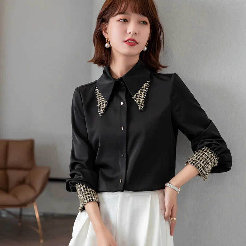 

Elegant OL Blouse Women chemise femme Turn Down Collar haut femme Black White camisas de mujer Full Long Sleeves blusas y camisa