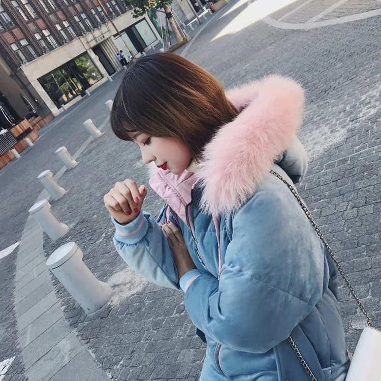 

2018 Winter Cotton Dress Women's Long down Coat Thick Color Fur Collar Gold Velvet Korean-style First Love Charade Coat