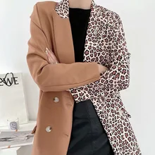 Spring and autumn women's jacket casual leopard stitching double breasted pocket decorative jacket