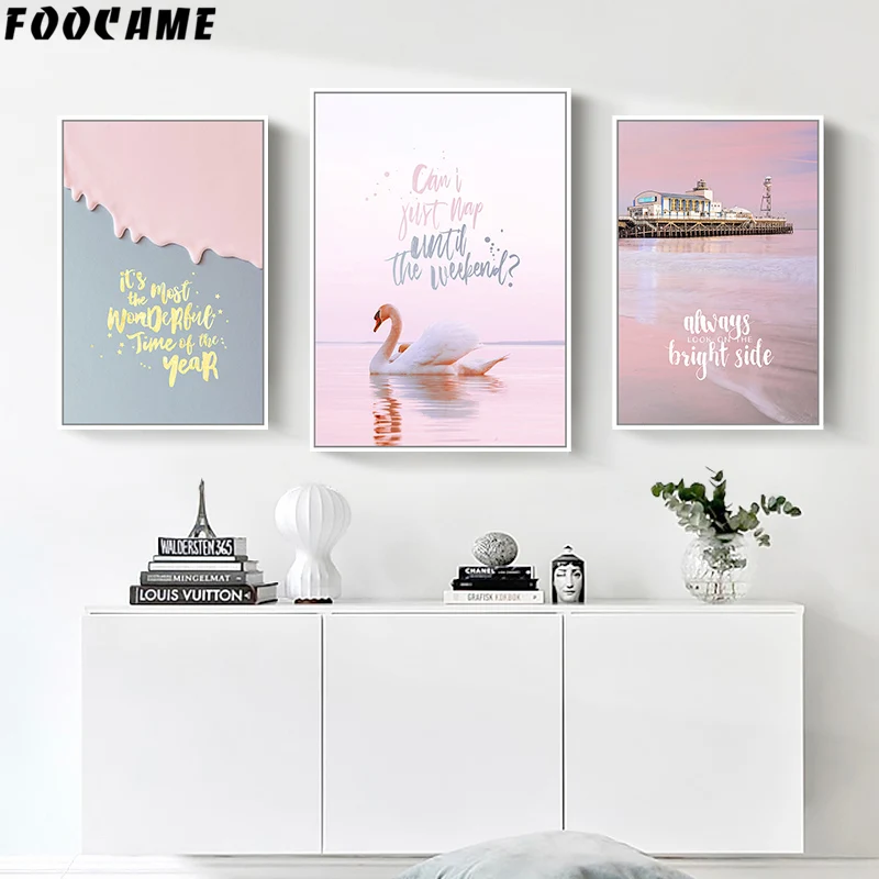 Pink Swan Lake Sea Nordic Wall Art Print Canvas Painting Landscape Sweet Poster Soggiorno Modern Home Decoration Pictures