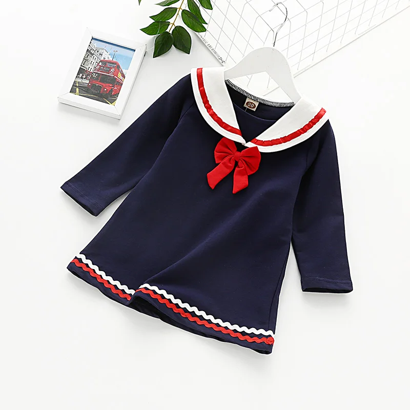 Детские матросские платья для девочек; сезон весна-осень; хлопковое платье с темно-синим воротником; школьная форма; вечерние костюмы; детская одежда для девочек