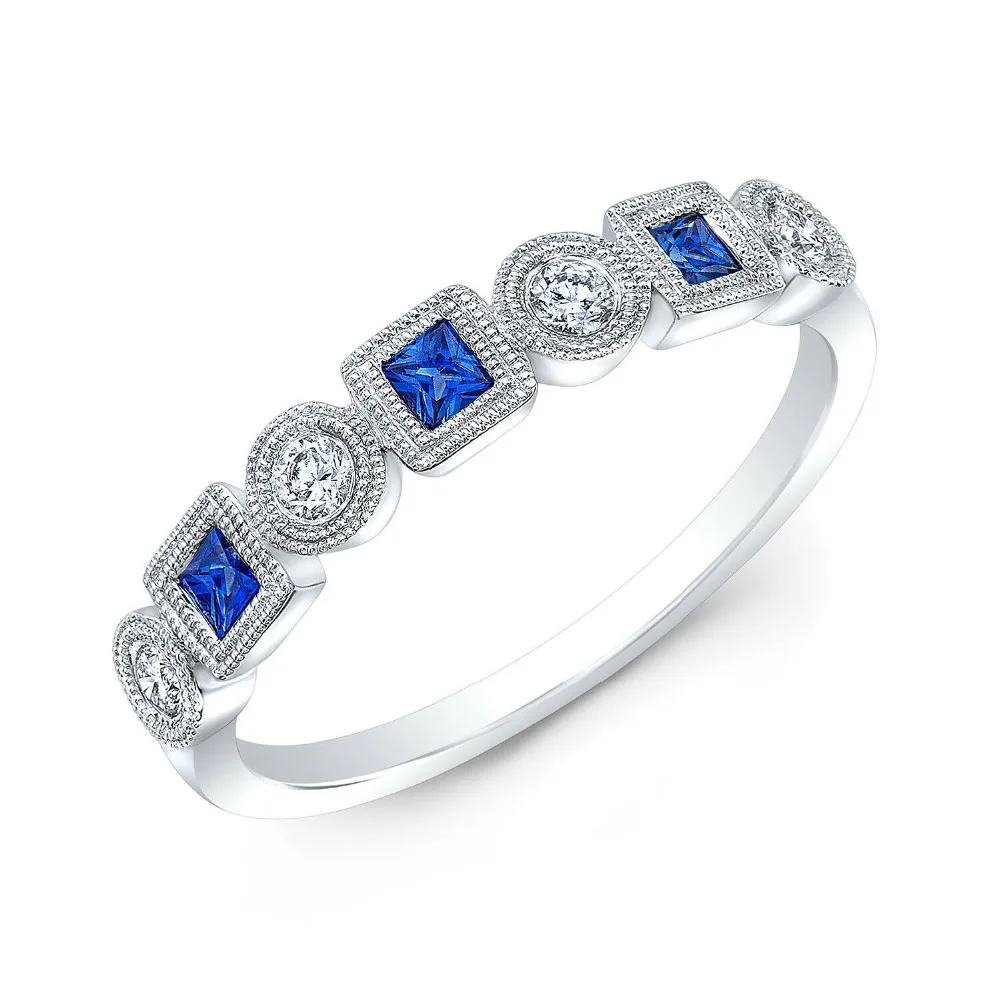 10k White Gold Princess Blue Sapphire Diamond Bezel Alternating Band Ring Beaded