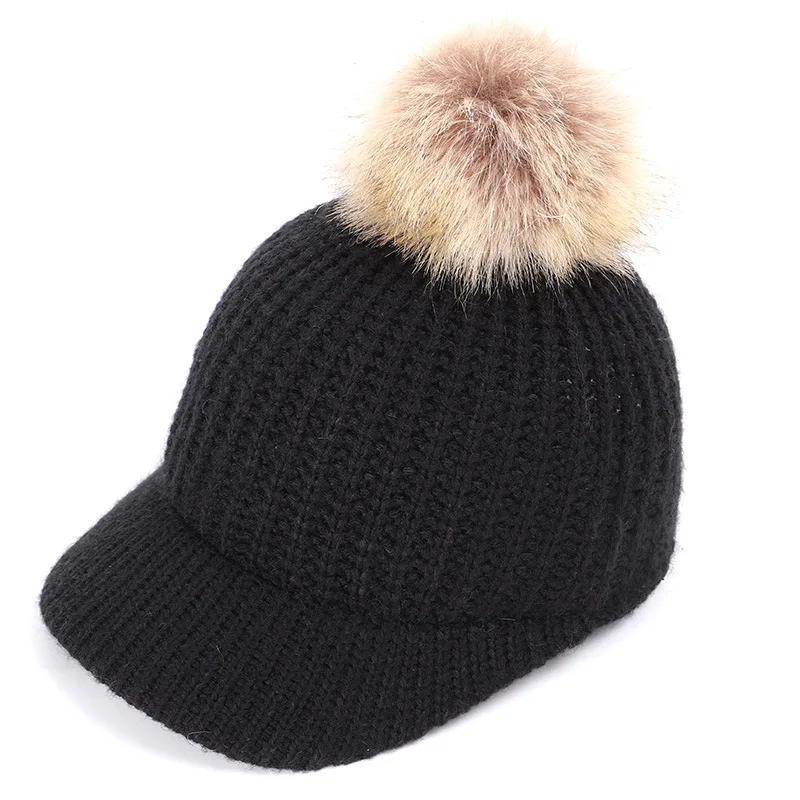 Febelle, женская зимняя шапка с помпоном из натурального меха, вязаные шапки с помпоном, теплые осенние меховые шапки в стиле хип-хоп для девочек - Цвет: black faux fur pom