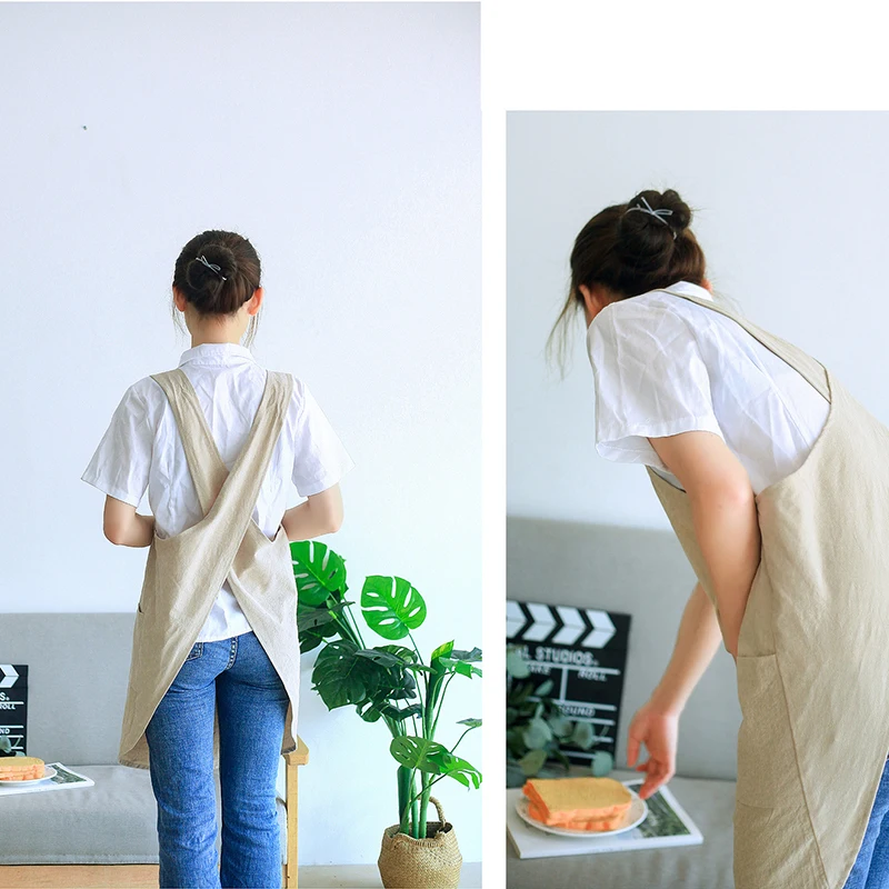 Waterproof Women Cotton Linen Cross Back Apron Japanese Housework Kitchen Cooking Double Pocket Apron Florist Working Apron
