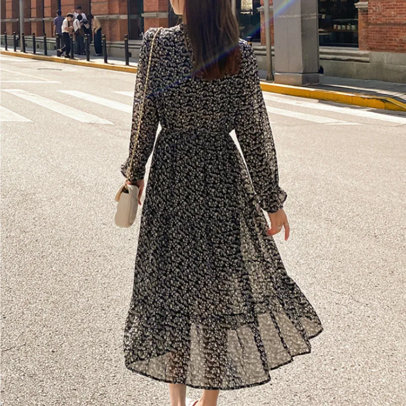 Tonglord Autumn Elegant Bow-neck Chiffon Dress Women Flare Sleeve A-line Floral Print Female Dress Vintage Long Vestidos Femme