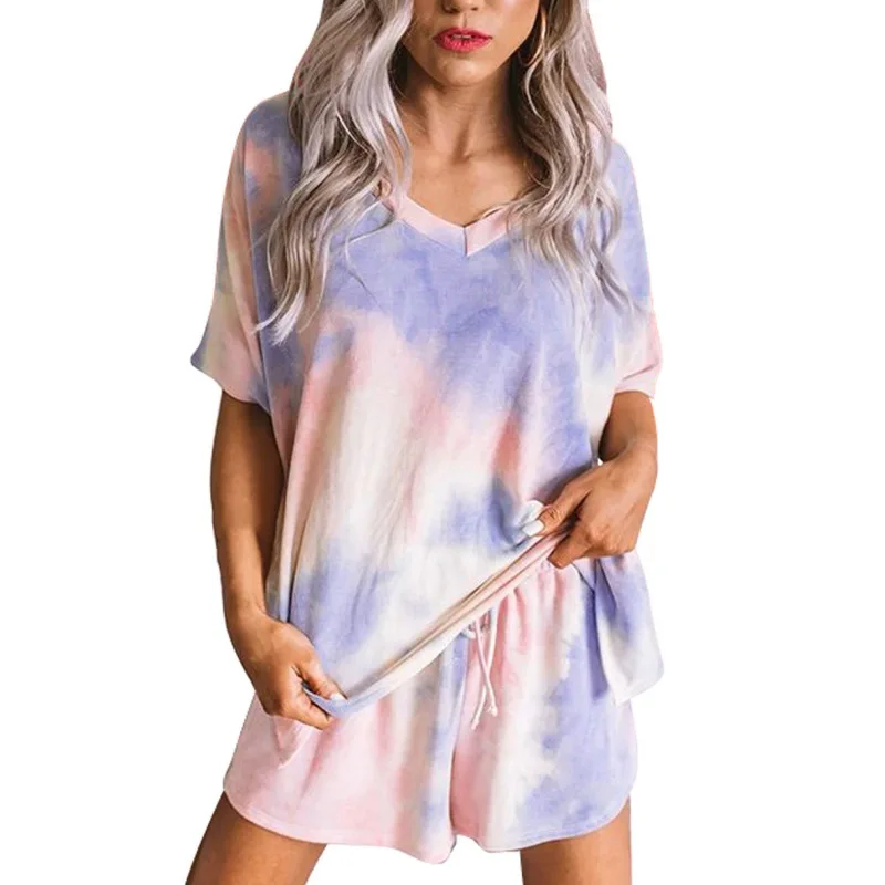 

Summer Women's Sleepwear Set Female Casual Loose Tie Dye Printed Leopard Print V Neck Short Sleeve Plus Shorts Sets