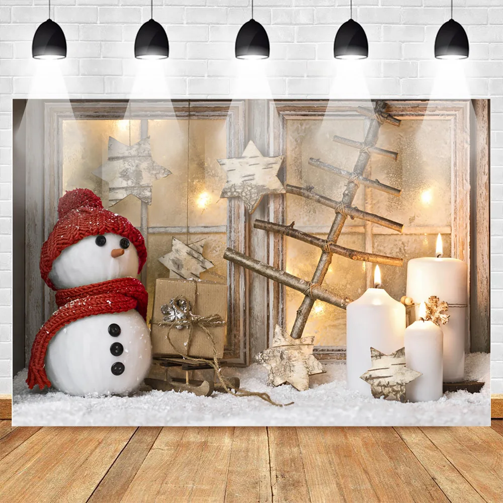 

Neoback Christmas Backdrop for Photography Winter Red Snowman Window Candles Background Snow Scene Wood Photo Studio Photocall