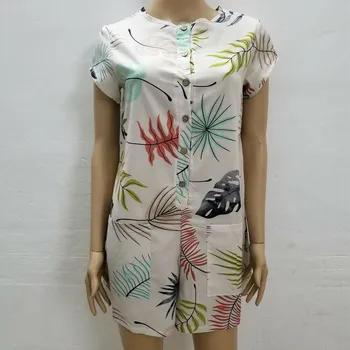 

New Fashion Women Casual Summer Short Sleeve Button Playsuit Lady Leaves Pattern Beach Holiday Loose Short Jumpsuit