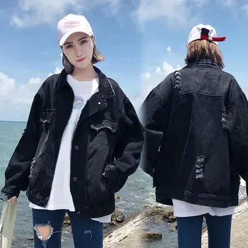 

New Turn-down Collar Black Loose Denim Jackets Women Casual Korean Style Jean Coats Plus Size Female Fashion Jackets Streetwear