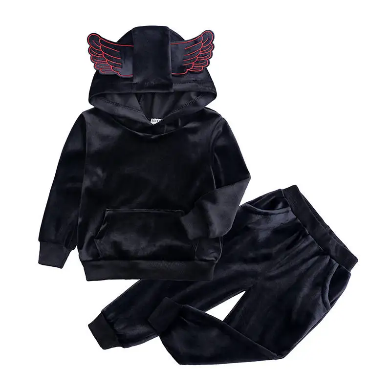 Осень От 1 до 8 лет, Детские комплекты одежды для девочек, детский теплый спортивный костюм; милый дизайнерские куртки с капюшонами+ штаны(2 вещи), спортивный костюм для малышей, повседневный комплект - Цвет: 1 set black