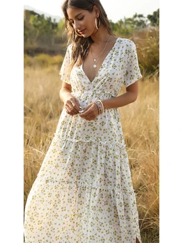 

Bohemia Vacation Dress Deep V Neck Beach Dress Short Sleeves Tunic Long Cover Up Beach Woman Honeymoon Lingerie Cover Up Sundres