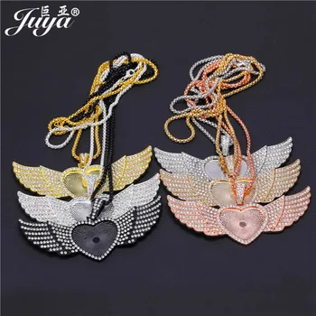 

6PCS Big Angel Wings Sublimation Pendant Base Match 60cm Chains DIY Jewelry Making 25/30mm Alloy Zircon Heart Blank Tray Crafts