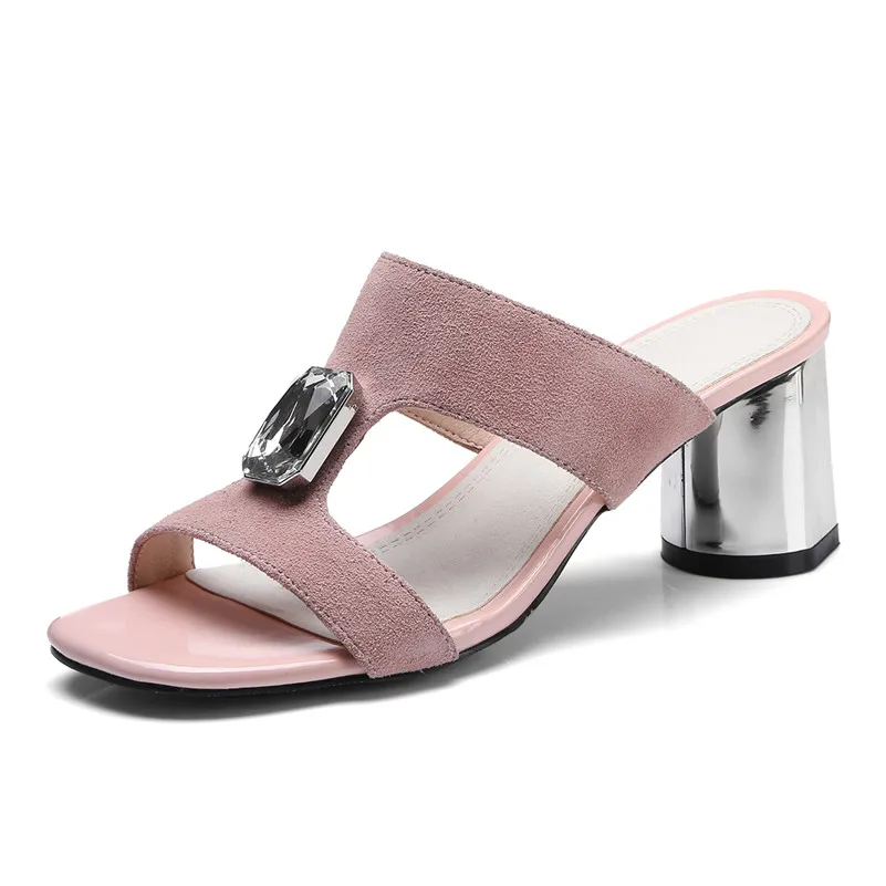

New Arrival Plus Size 33 44 Sandals Ladies Summer Slippers Genuine Leather Shoes Woman High Heels Mules Women Rhinestone Shoes