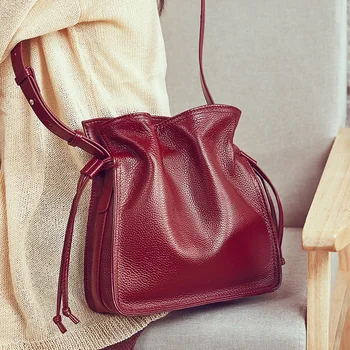 

OCEHNUU Cowhide Ladies Shoulder Bag Clutch Genuine Leather Small Crossbody Bags For Women Drawstring Handbag Bucket Bolsos Mujer