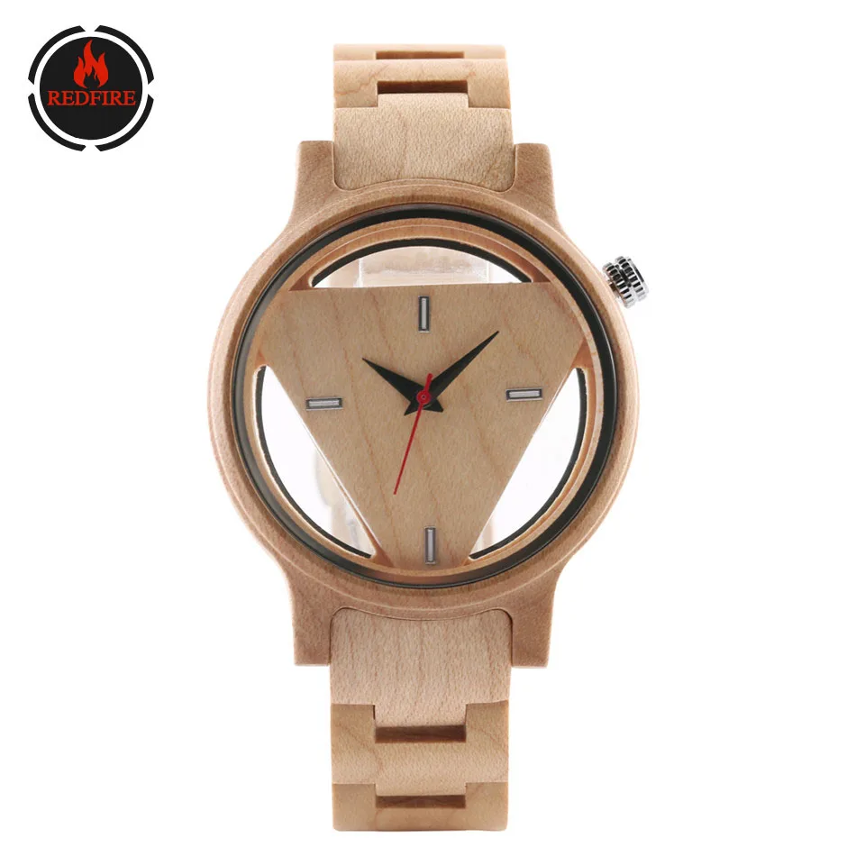 

REDFIRE Superman Triangle Hollow Wood Dial Men's Watches Full Wooden Clock Quartz Timepiece Maple Wood Clock Gifts for Dad