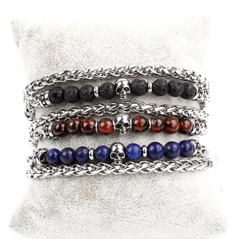 2020 New Design Men Bracelet Stainless Steel Chain Skull Natural Stone Bracelet Men Jewelry Gift