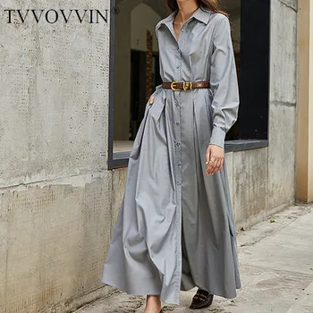 

TVVOVVIN Autumn 2020 Spring New Turn-down Collar High Waist Anke-length Single-breasted Long Sleeve Solid Color Women Dress 224K