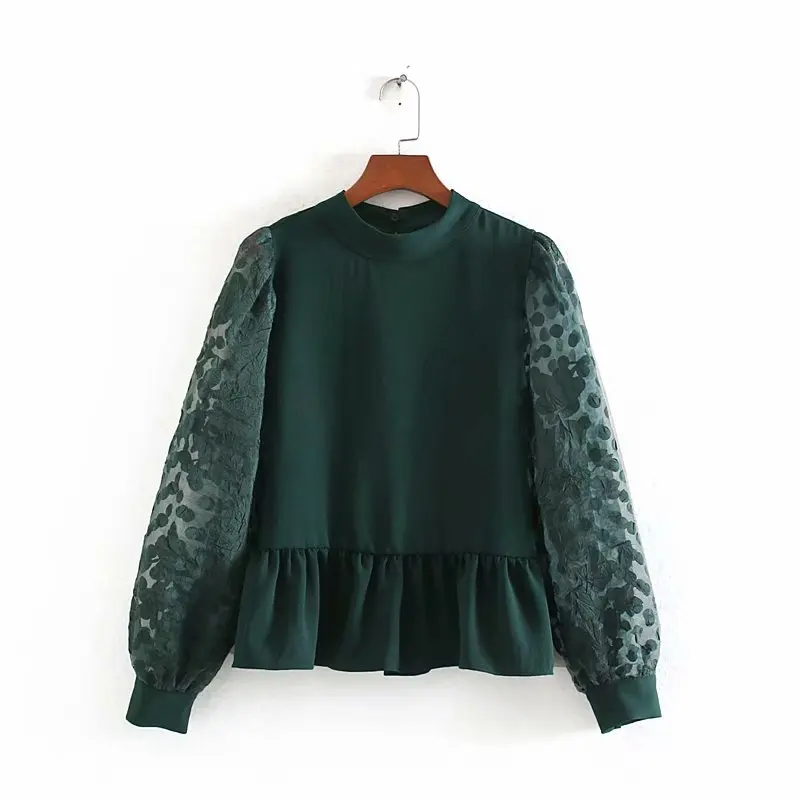 

women fashion transparent sleeve patchwork casual chiffon blouses shirts women stand collar hem ruffles blusas chic tops LS6051