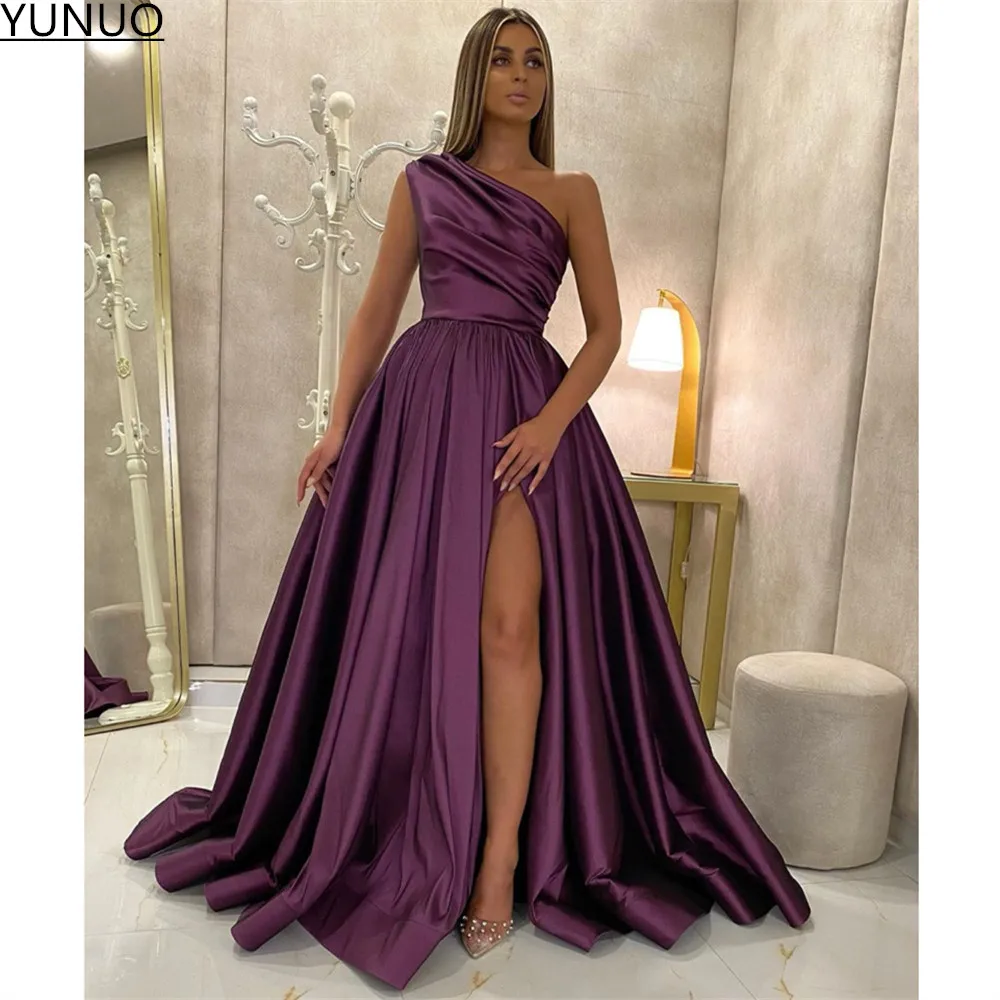 green ball gown YUNUO Elegant Purple Long Prom Evening Dresses One Shoulder Satin Side Slit Party Gowns A-line Sleeveless Formal Occasion Dress burgundy prom dresses Prom Dresses